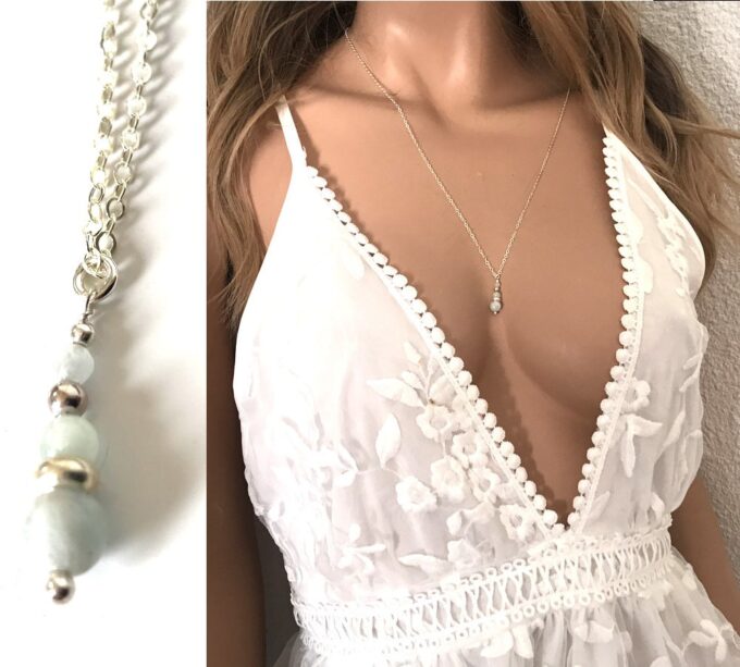 N7112e Collier de dos mariage bohème - Chaine argent et aigue marine - Bijoux Colliers en ligne Ninanina