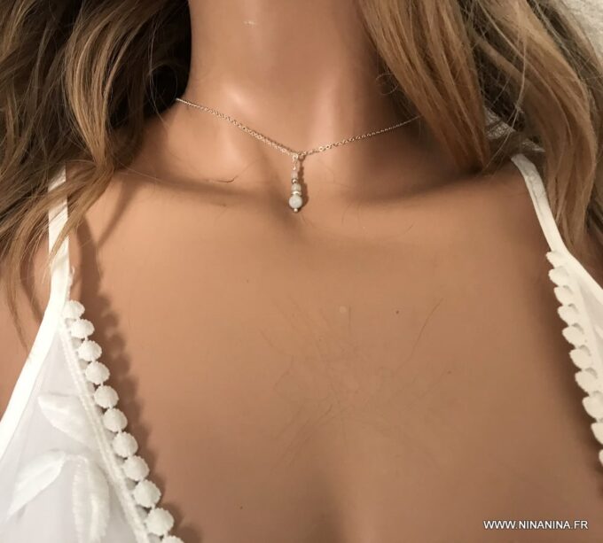 N7112g Collier de dos mariage bohème - Chaine argent et aigue marine - Bijoux Colliers en ligne Ninanina