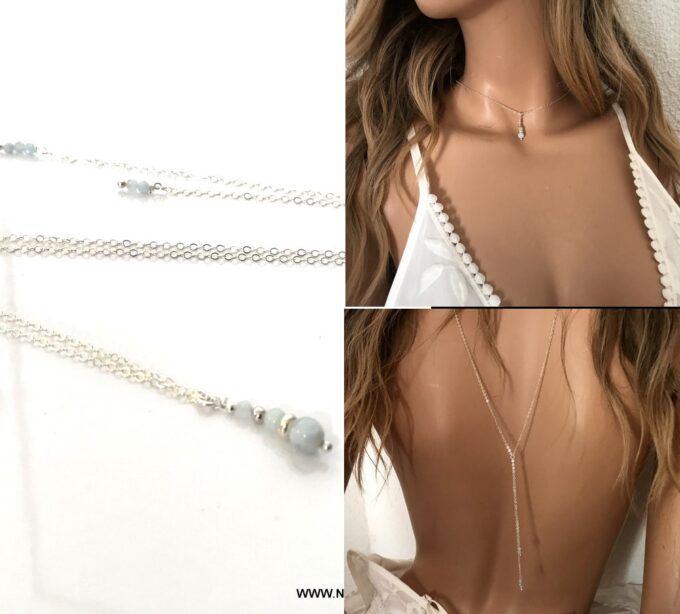 N7112i Collier de dos mariage bohème - Chaine argent et aigue marine - Bijoux Colliers en ligne Ninanina