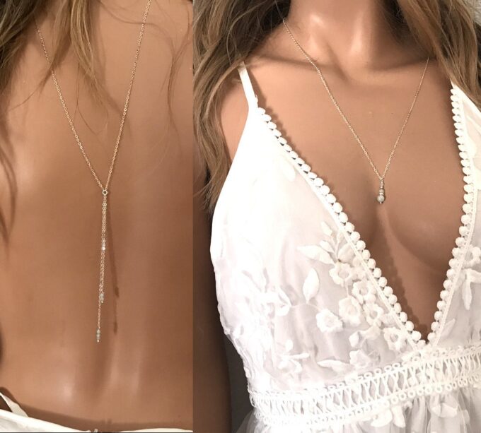 N7112k Collier de dos mariage bohème - Chaine argent et aigue marine - Bijoux Colliers en ligne Ninanina