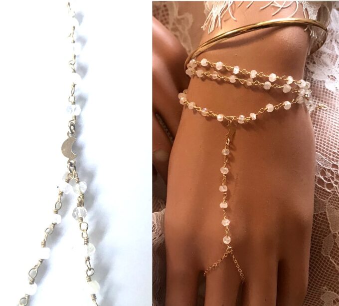 N7115c Bracelet bague mariage - chaine de main or pierre de lune - Bijoux Bracelets en ligne Ninanina