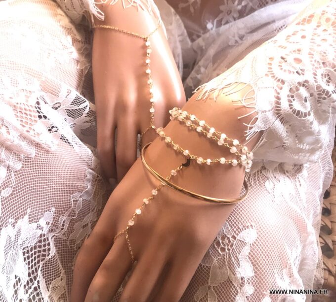 N7115e Bracelet bague mariage - chaine de main or pierre de lune - Bijoux Bracelets en ligne Ninanina