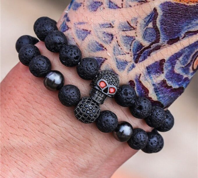 N7120 Bracelet tete de mort homme perle onyx et zirconium noir - Bijoux Bracelets en ligne Ninanina