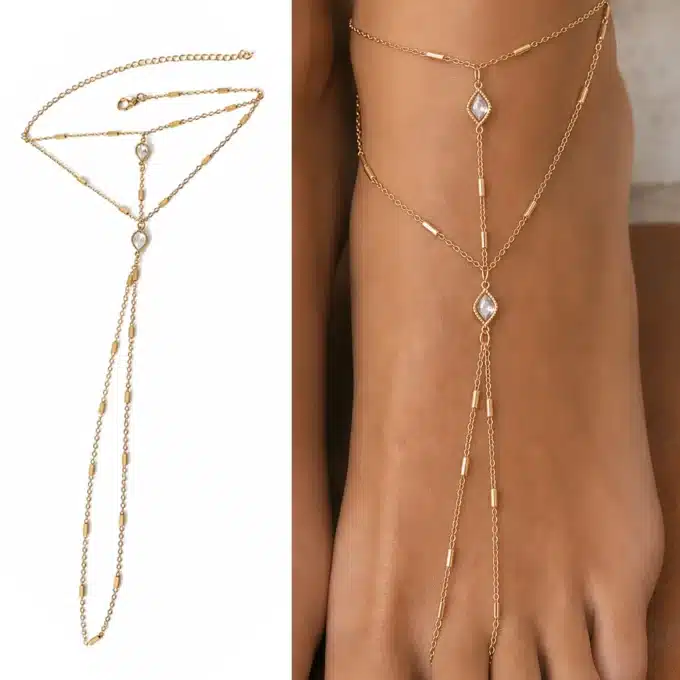 N8633 Chaine au pied femme - Bijou acier doré et zirconium blanc - Bijoux de pieds femmes en ligne Ninanina