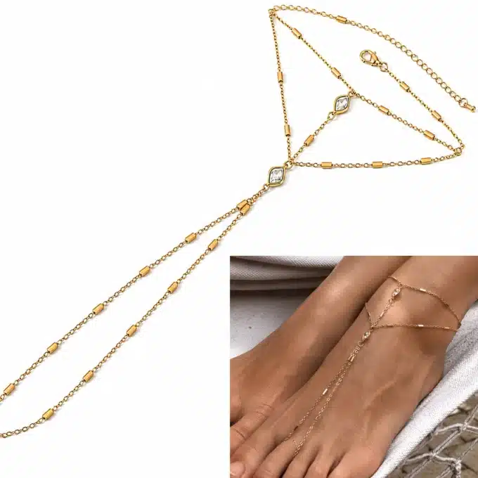 N8633a Chaine au pied femme - Bijou acier doré et zirconium blanc - Bijoux de pieds femmes en ligne Ninanina
