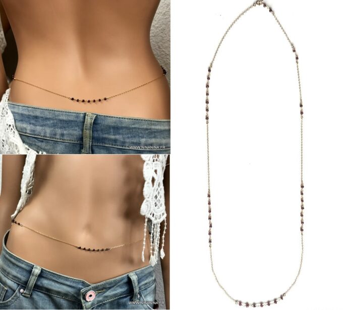 N7127j Chaine de hanches pierre semi précieuse grenat pour taille - Bijoux de corps en ligne Ninanina