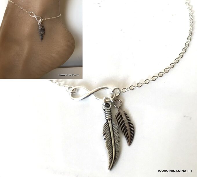 N7137b Chaine cheville plume et infini argent 925 - Bijoux de pied en ligne Ninanina