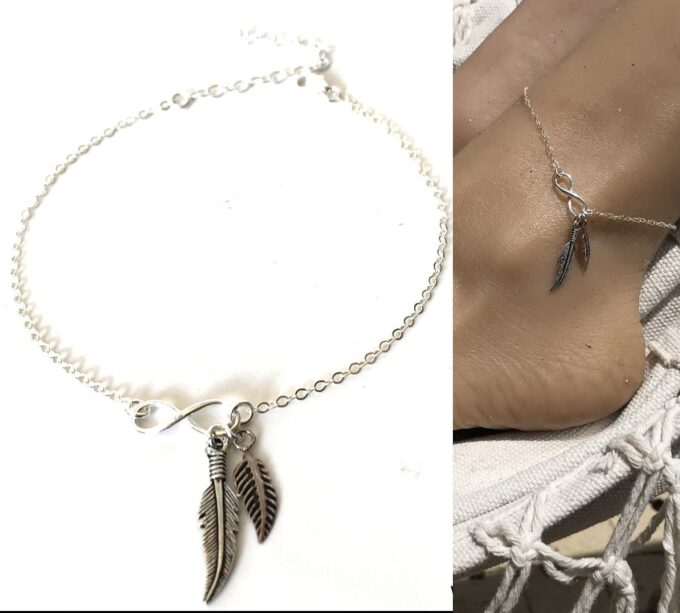 N7137e Chaine cheville plume et infini argent 925 - Bijoux de pied en ligne Ninanina