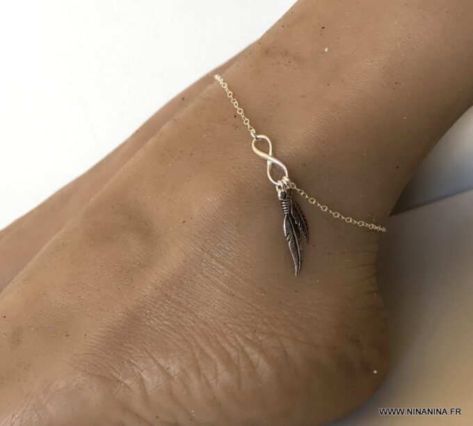 N7137f Chaine cheville plume et infini argent 925 - Bijoux de pied en ligne Ninanina