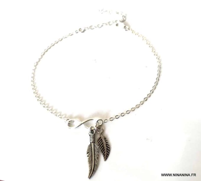N7137g Chaine cheville plume et infini argent 925 - Bijoux de pied en ligne Ninanina