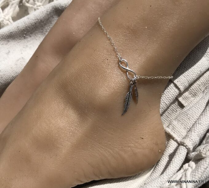 N7137h Chaine cheville plume et infini argent 925 - Bijoux de pied en ligne Ninanina
