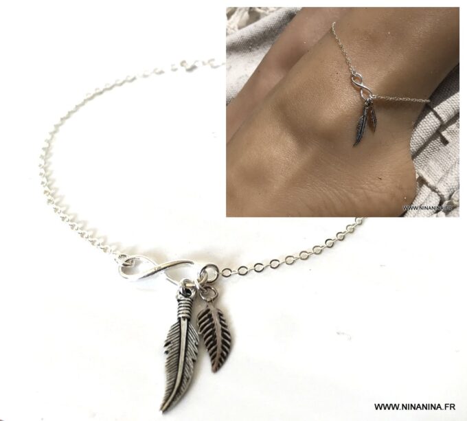 N7137i Chaine cheville plume et infini argent 925 - Bijoux de pied en ligne Ninanina