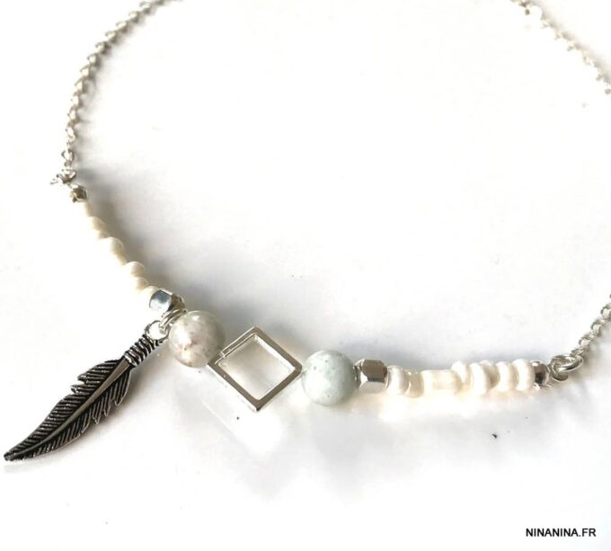 N7138a Bracelet cheville plume argent 925 pierre aigue marine rocaille blanche - Bijoux de pieds en ligne Ninanina