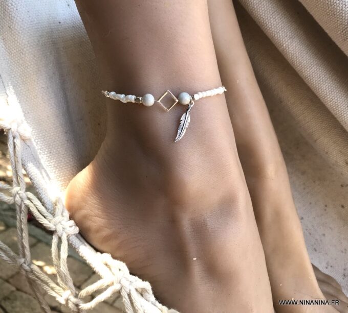 N7138b Bracelet cheville plume argent 925 pierre aigue marine rocaille - Bijoux de pied en ligne Ninanina