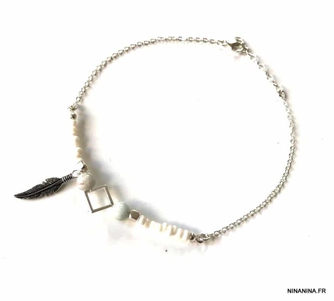 N7138b Bracelet cheville plume argent 925 pierre aigue marine rocaille blanche - Bijoux de pieds en ligne Ninanina