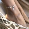 N7138e Bracelet cheville plume argent 925 pierre aigue marine rocaille - Bijoux de pied en ligne Ninanina