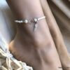 N7138f Bracelet cheville plume argent 925 pierre aigue marine rocaille - Bijoux de pied en ligne Ninanina