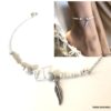 N7138g Bracelet cheville plume argent 925 pierre aigue marine rocaille - Bijoux de pied en ligne Ninanina