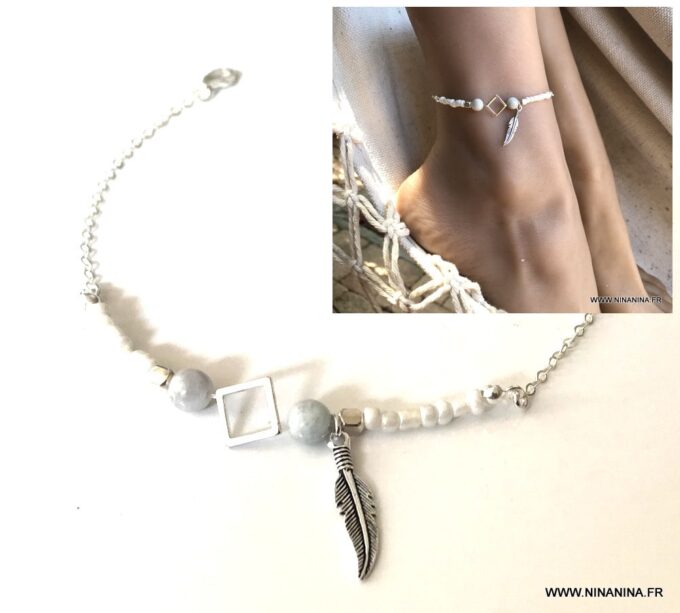 N7138g Bracelet cheville plume argent 925 pierre aigue marine rocaille - Bijoux de pied en ligne Ninanina