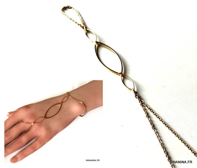 N7143a Bague bracelet en or plaqué - Chaine de main dorée - Bijoux Bracelets en ligne Ninanina