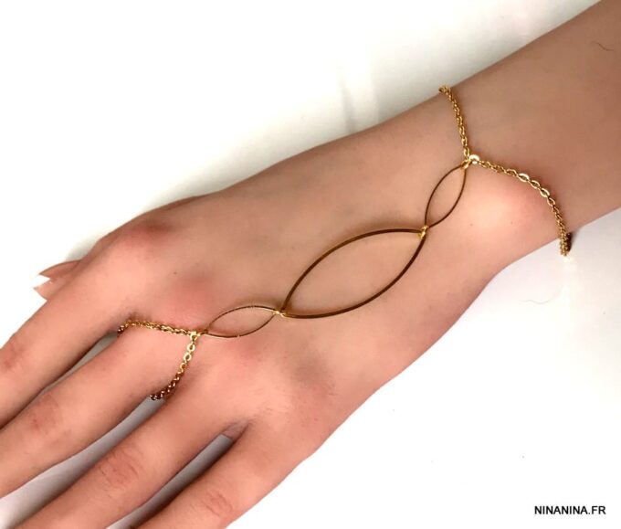 N7143f Bague bracelet en or plaqué - Chaine de main dorée - Bijoux Bracelets en ligne Ninanina