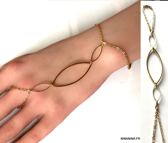 N7143i Bague bracelet en or plaqué - Chaine de main dorée - Bijoux Bracelets en ligne Ninanina