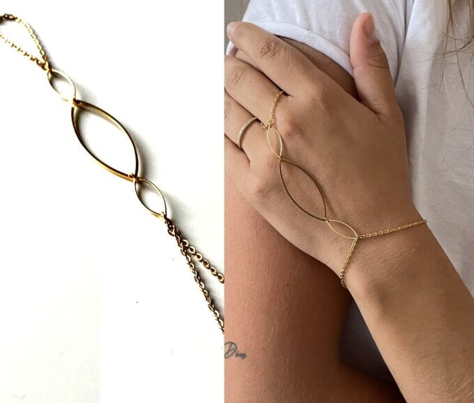 N7143k Bague bracelet en or plaqué - Chaine de main dorée - Bijoux Bracelets en ligne Ninanina