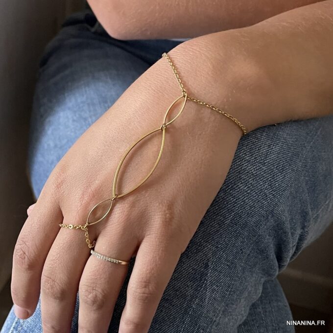 N7143o Bague bracelet en or plaqué - Chaine de main dorée - Bijoux Bracelets en ligne Ninanina