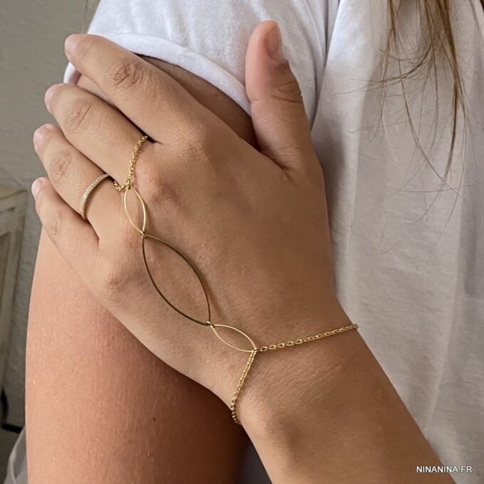 N7143p Bague bracelet en or plaqué - Chaine de main dorée - Bijoux Bracelets en ligne Ninanina