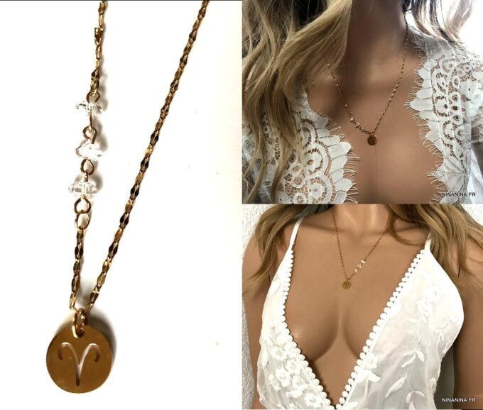 N7153c Collier signe du zodiaque Bélier Diamant herkimer acier doré - Bijoux Colliers en ligne Ninanina
