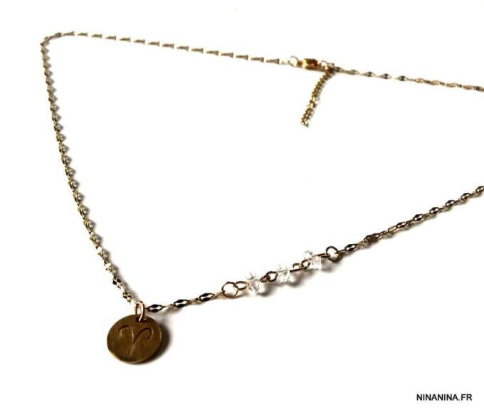 N7153d Collier signe du zodiaque Bélier Diamant herkimer acier doré - Bijoux Colliers en ligne Ninanina