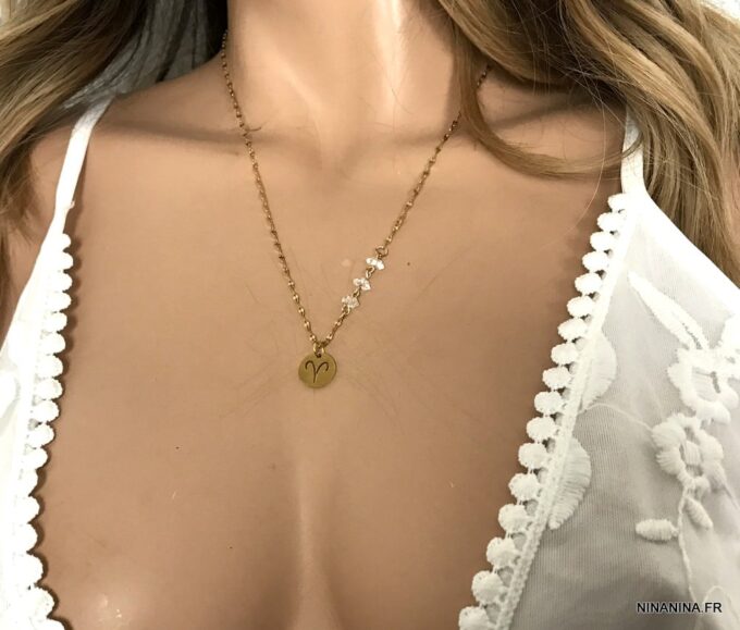 N7153e Collier signe du zodiaque Bélier Diamant herkimer acier doré - Bijoux Colliers en ligne Ninanina