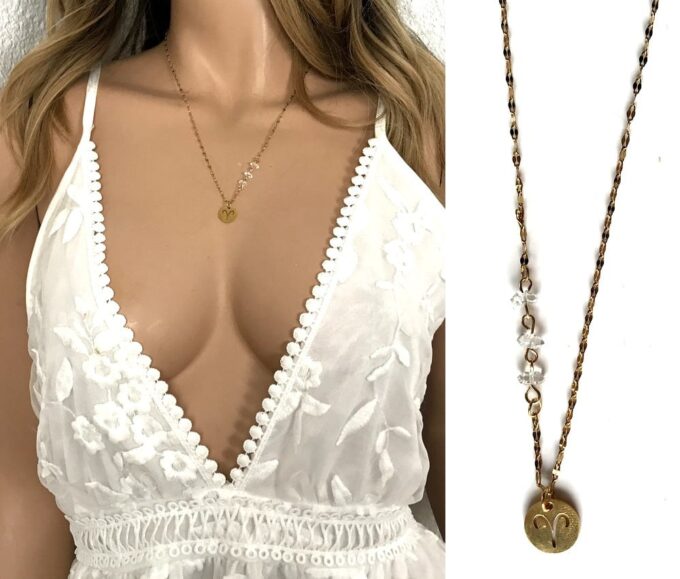 N7153f Collier signe du zodiaque Bélier Diamant herkimer acier doré - Bijoux Colliers en ligne Ninanina