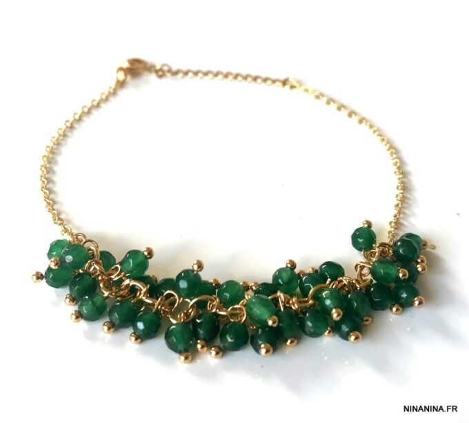 N7162a Bracelet perles vertes femme et chaine laiton doré - Bijoux Bracelets en ligne Ninanina