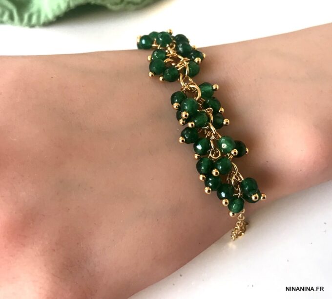 N7162b Bracelet perles vertes femme et chaine laiton doré - Bijoux Bracelets en ligne Ninanina