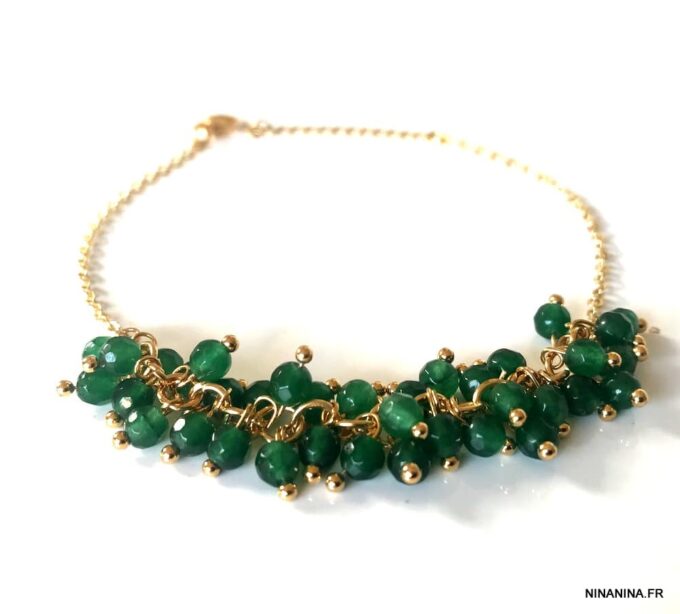 N7162c Bracelet perles vertes femme et chaine laiton doré - Bijoux Bracelets en ligne Ninanina
