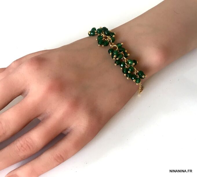 N7162d Bracelet perles vertes femme et chaine laiton doré - Bijoux Bracelets en ligne Ninanina