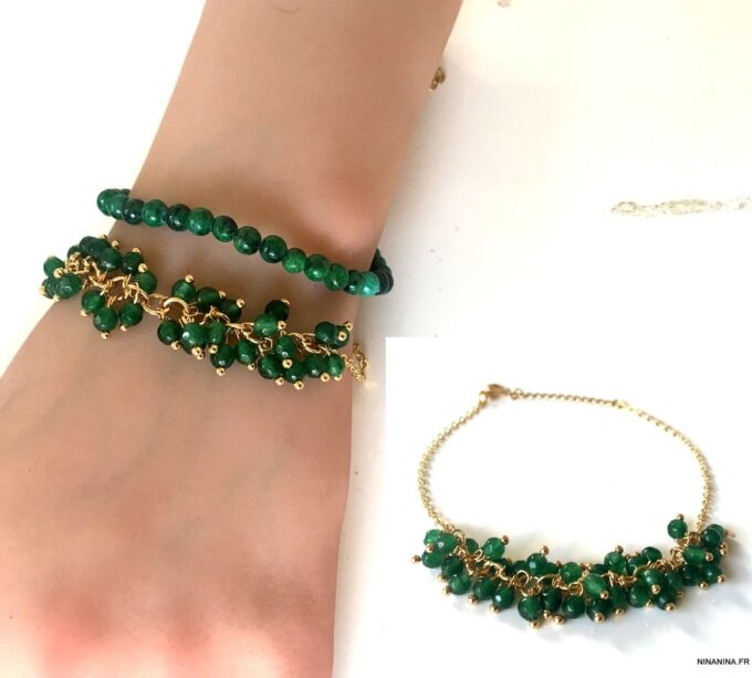 N7162e Bracelet perles vertes femme et chaine laiton doré - Bijoux Bracelets en ligne Ninanina