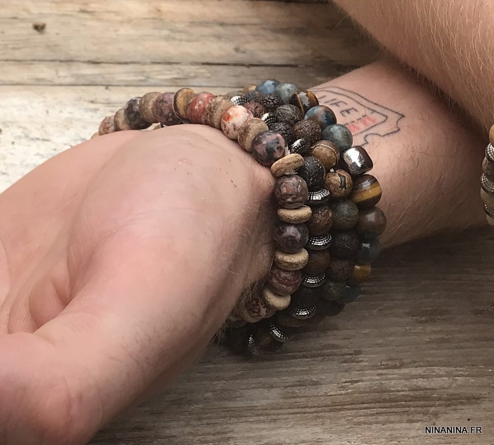 bracelet homme pierre naturelle jaspe paysage agate noire cuir acier  inoxydable