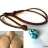 N7167 Collier ethnique turquoise homme pendentif pierre naturelle bleue lacet cuir marron - Bijoux Colliers en ligne Ninanina