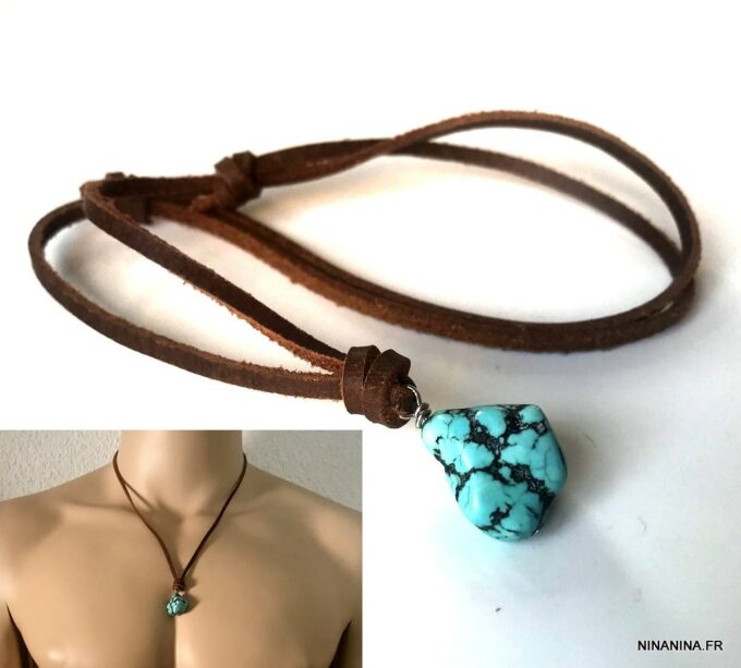 N7167 Collier ethnique turquoise homme pendentif pierre naturelle bleue lacet cuir marron - Bijoux Colliers en ligne Ninanina