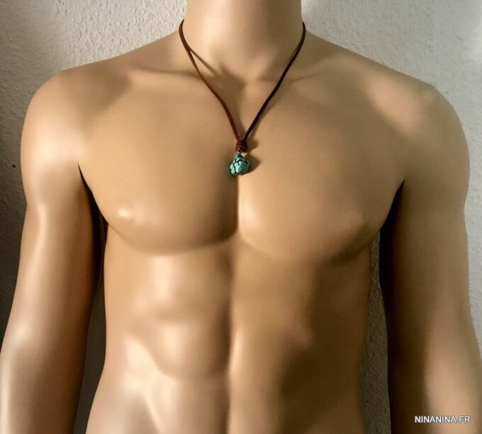 N7167a Collier ethnique turquoise homme pendentif pierre naturelle bleue lacet cuir marron - Bijoux Colliers en ligne Ninanina