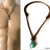 N7167b Collier ethnique turquoise homme pendentif pierre naturelle bleue lacet cuir marron - Bijoux Colliers en ligne Ninanina