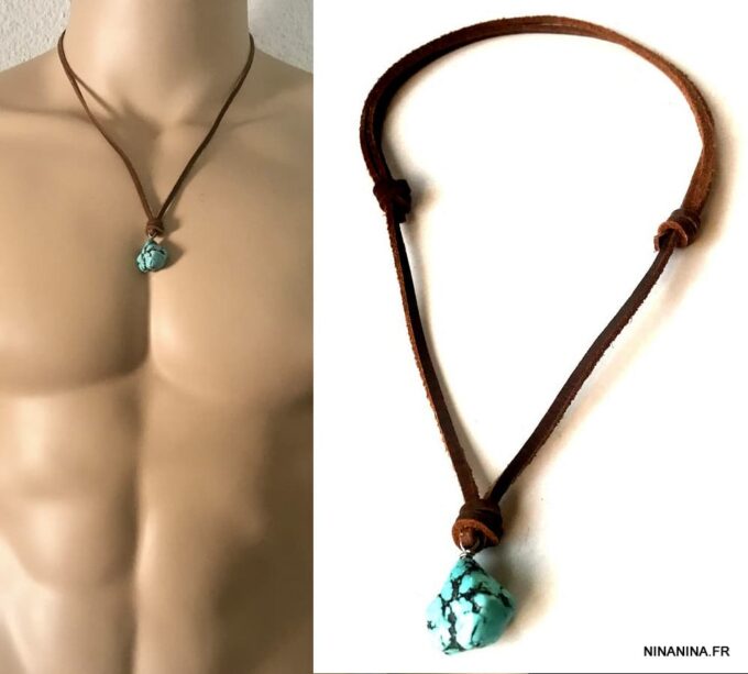 N7167b Collier ethnique turquoise homme pendentif pierre naturelle bleue lacet cuir marron - Bijoux Colliers en ligne Ninanina