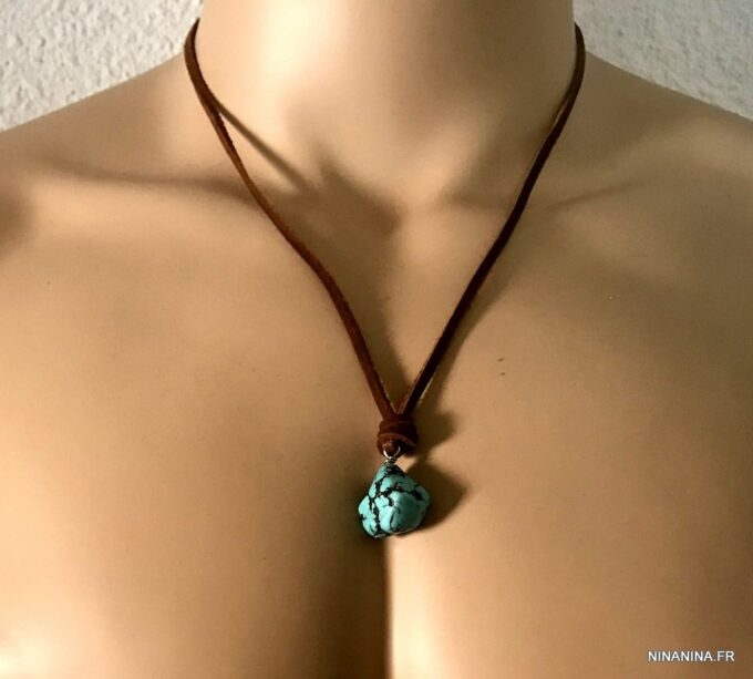 N7167f Collier ethnique turquoise homme pendentif pierre naturelle bleue lacet cuir marron - Bijoux Colliers en ligne Ninanina