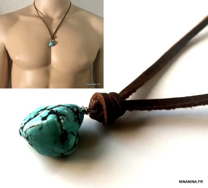 N7167g Collier ethnique turquoise homme pendentif pierre naturelle bleue lacet cuir marron - Bijoux Colliers en ligne Ninanina