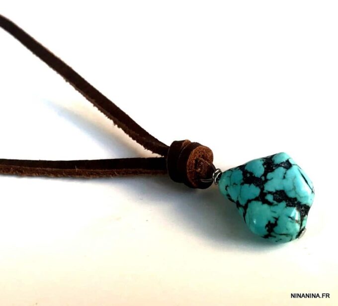 N7167i Collier ethnique turquoise homme pendentif pierre naturelle bleue lacet cuir marron - Bijoux Colliers en ligne Ninanina
