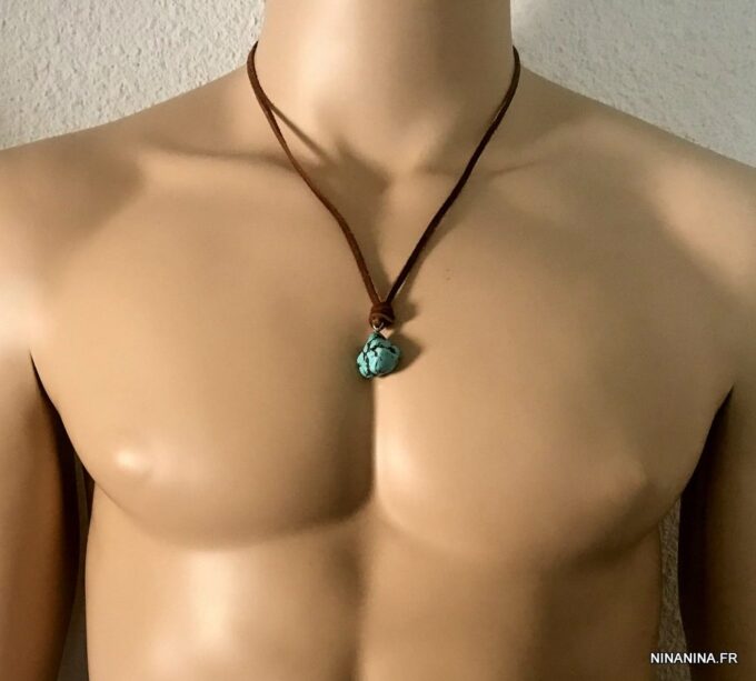 N7167j Collier ethnique turquoise homme pendentif pierre naturelle bleue lacet cuir marron - Bijoux Colliers en ligne Ninanina