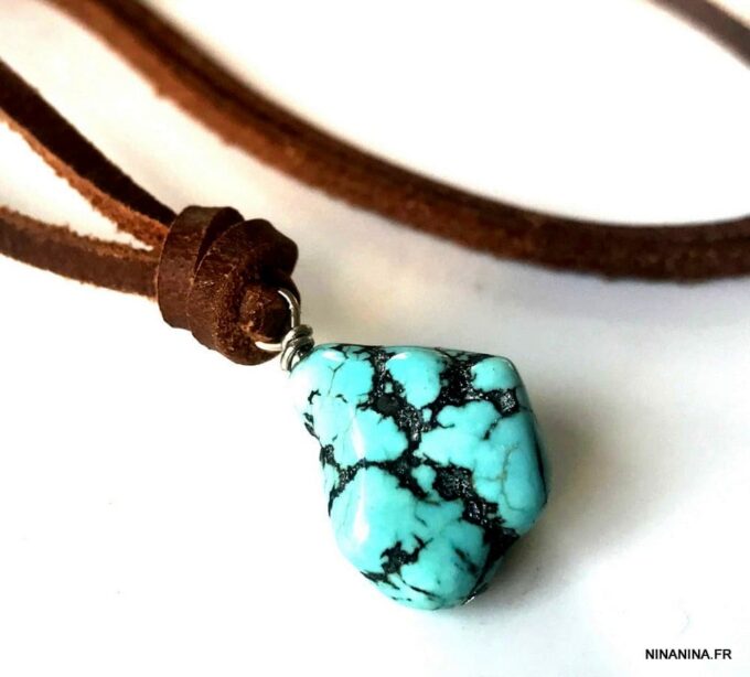 N7167l Collier ethnique turquoise homme pendentif pierre naturelle bleue lacet cuir marron - Bijoux Colliers en ligne Ninanina