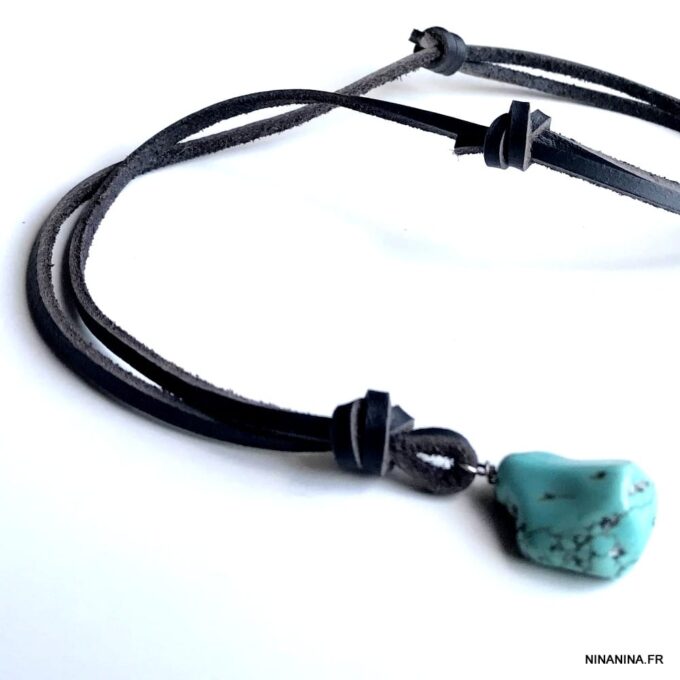 N7167m Collier ethnique turquoise homme pendentif pierre naturelle bleue lacet cuir marron - Bijoux Colliers en ligne Ninanina